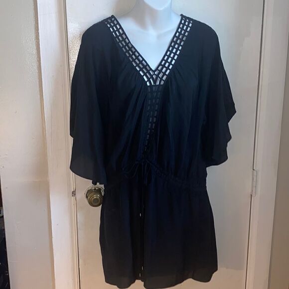 ANTHROPOLOGIE LEIFSDOTTIR Black Silk Lined Tunic with Lattice V Neck-4 - Picture 1 of 1